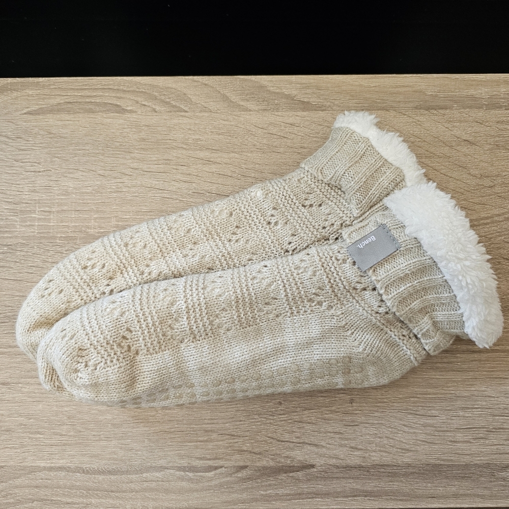 Cream Knit Slipper Socks with Fleece Lining